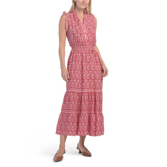 MAX STUDIO Red/White Sleeveless Smocked Waist Tiered Maxi Dress - Picture 1 of 2